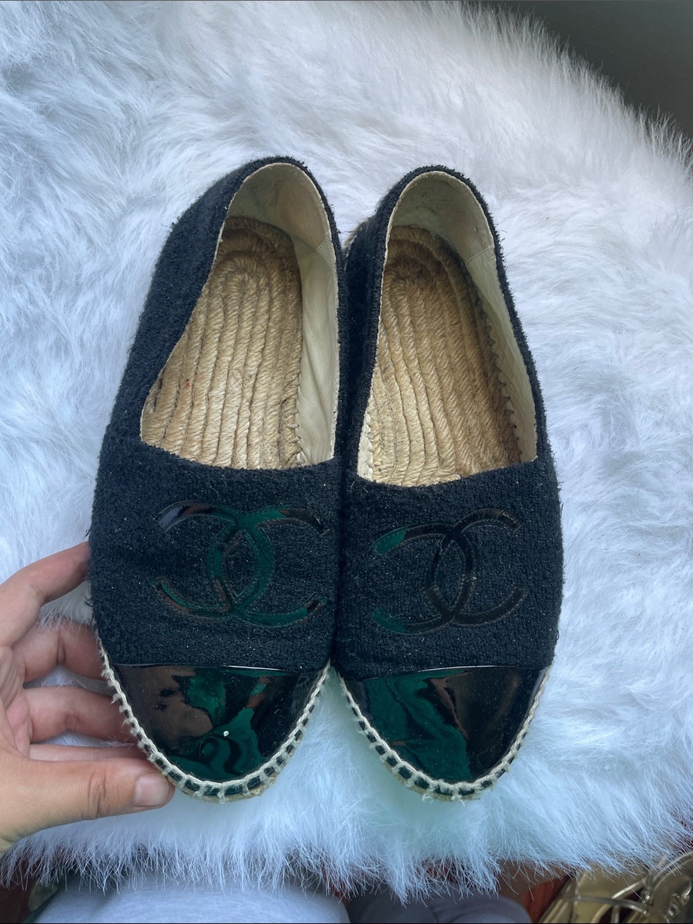 CHANEL Black Espadrilles with Glossy Patent Toe and Interlocking CC